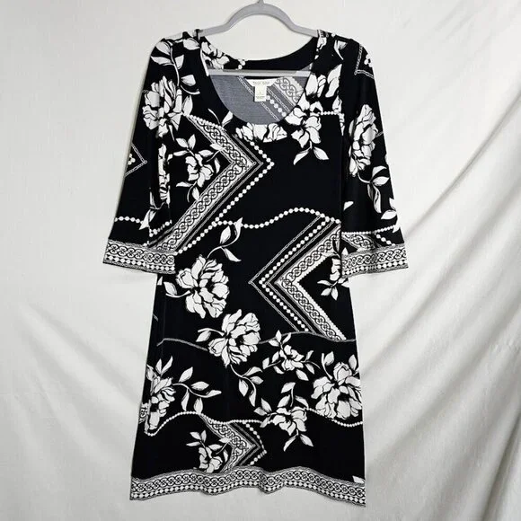 WHITE HOUSE BLACK MARKET 3/4 Sleeve Dress BLACK & WHITE FLORAL size S Abstract - Picture 2 of 7